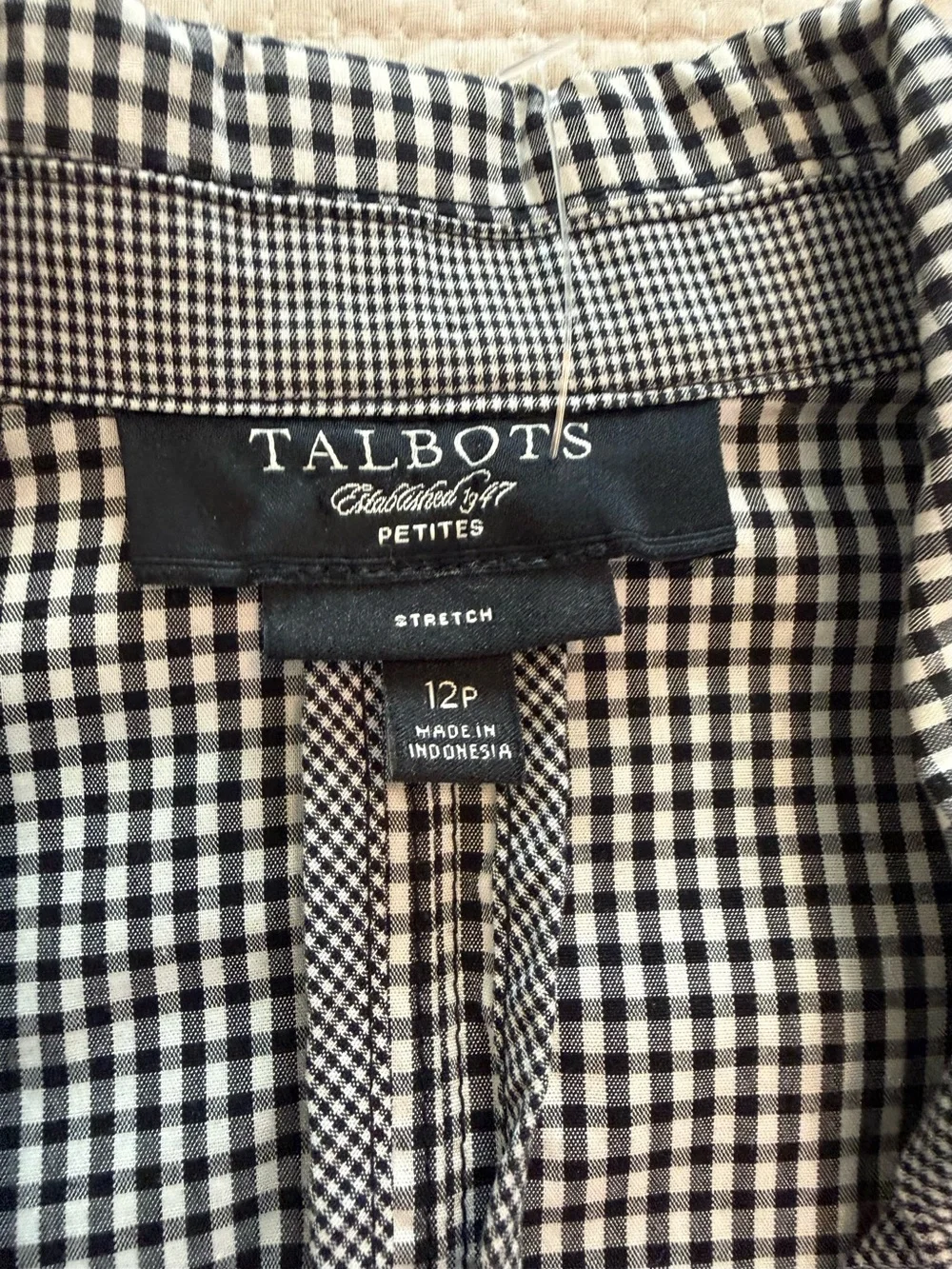 Talbots Boho Size 12 P Black & White Gingham Check Blazer Jacket Stretch Cotton
